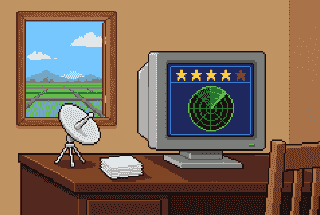 Tranh pixel: bàn làm việc với màn hình hiển thị hàng sao đánh giá phía trên mặt radar, một chảo vệ tinh và chồng thẻ