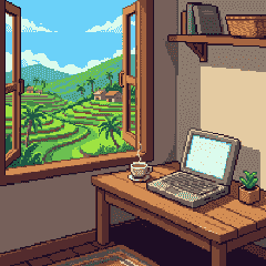 Tranh pixel: một chiếc bàn làm việc bên cửa sổ mở nhìn ra ruộng bậc thang
