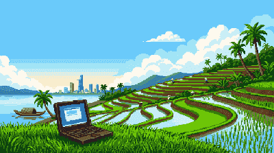 Tranh pixel: một chiếc laptop trên bãi cỏ bên ruộng bậc thang, phía chân trời là đường chân trời Sài Gòn